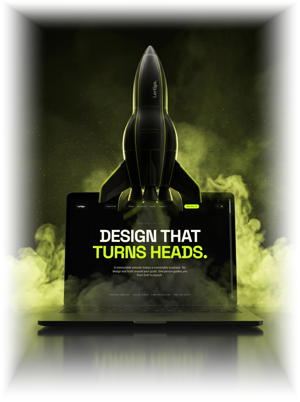 The Lertigo rocket lifting off from a laptop that shows the Lertigo homepage